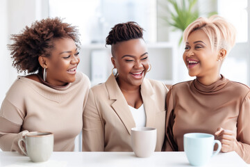 A trio of cheerful plump plus-size women chat happily while having coffee at the workplace, dressed in elegant outfits in a well-lit modern indoor office. - obrazy, fototapety, plakaty