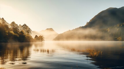 Morning mist and sunlight over lake and mountain scenery