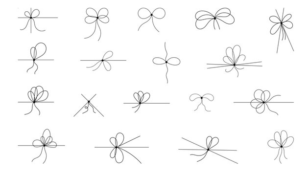Set of Bows and Simple Line Ribbon. Bow on String collection, lines and corners decoration design. Bowknot for package or letter, planner diary decent. Vector illustration isolated on white