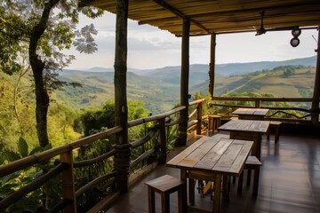 mountain lodge veranda with wood tables, scenic view - obrazy, fototapety, plakaty