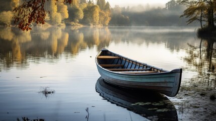 Peaceful scenery of lake and old fashioned rowboat - obrazy, fototapety, plakaty