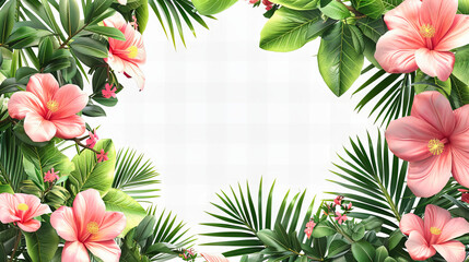 Tropical Paradise Illustrated: Exotic Palm Leaves and Hibiscus on White Background, Summer Botanical Design