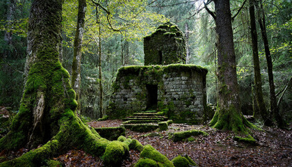 Obraz premium Ancient ruin in dense misty forest, green moss. Dark tones. Foggy woods.