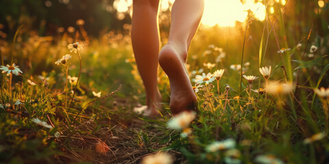 Woman walking barefoot outdoors in a field full of wild flowers, grounding concept. - Powered by Adobe