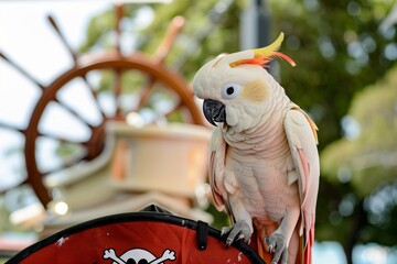 cockatoo on a pirate hat with ships wheel in background
