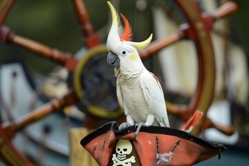 cockatoo on a pirate hat with ships wheel in background