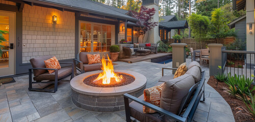 A peaceful patio for nighttime gatherings in a Craftsman-style home, featuring a fire pit encircled by cozy seating - obrazy, fototapety, plakaty
