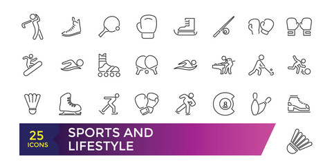 Collection of vector line icons of the sport and lifestyle. Icons of active hobbies, sports equipment. Set of flat signs and symbols.