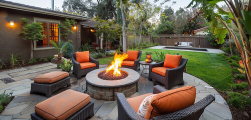 A peaceful patio in a craftsman-style home's backyard, featuring a fire pit encircled by cozy chairs for social events in the evenings