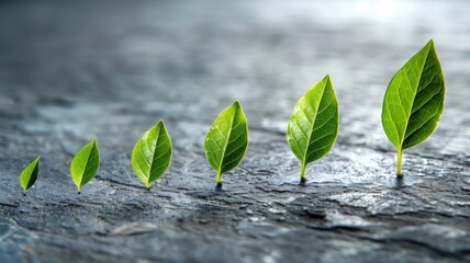 Naklejka premium Conceptual growth with green leaves in a row on dark background