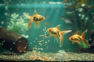 Fotobehang goldfish swimming towards flakes in a tank © studioworkstock