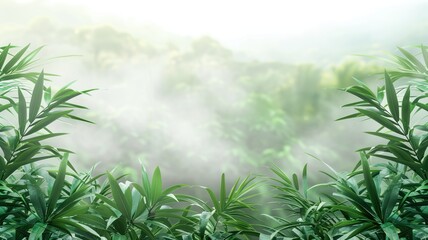 Morning mist rising above lush green tropical foliage in a forest