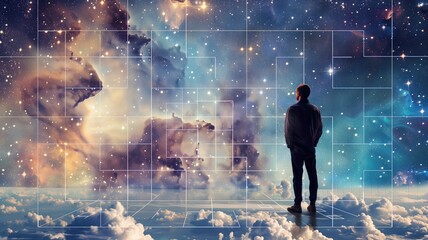 A man contemplating his place in the cosmos, represented by a puzzle-like space - obrazy, fototapety, plakaty
