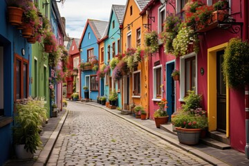 Fototapeta na wymiar Colorful Houses Lining Cobbled Street Generative AI
