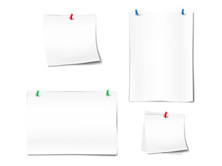Blank white paper sheet attached to wall with push pin. Mock-up set. Memo reminder poster with pushpin. Vector mockup - 768862322