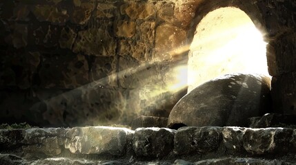 Stone Chamber at Sunrise: A Representation of Resurrection and Renewal - A Conceptual Background for Easter Celebrations - obrazy, fototapety, plakaty