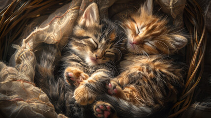Two precious kittens nestled snugly in a cozy wicker basket, surrounded by warm textures