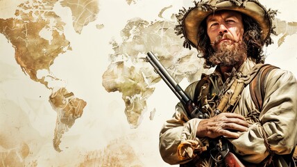 A rugged explorer with a vintage map backdrop on a quest for discovery