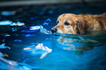 dog swimming in a pool with blue light reflections
