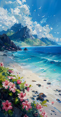 A beautiful natural landscape painting featuring a beach with colorful flowers, majestic mountains in the background, and fluffy clouds in the sky