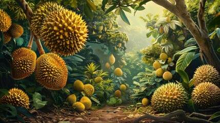 beautiful durian fruit on the tree - obrazy, fototapety, plakaty