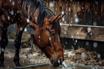 horse drinking from rainfilled trough on farm