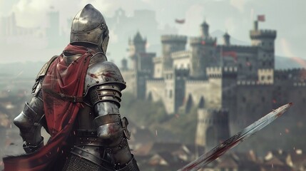 Medieval knight in armor standing before a castle siege