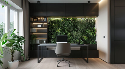 Minimalist home office with a sleek desk greenery and motivational quotes