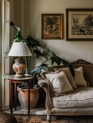 A large French country living room with a vintage sofa, potted plant and an antique lamp on a side table, painted walls, vintage framed artwork in the style of various artists, tropical plants.