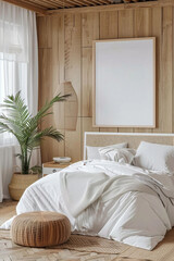 Mockup frame in cozy bedroom interior background, 3d render
