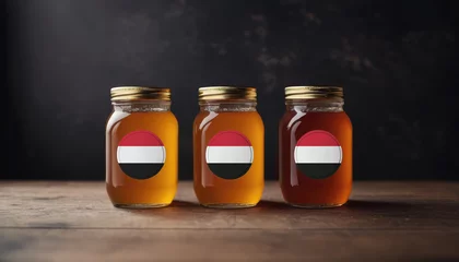 Foto op Plexiglas Collection of jars of different types of honey with flag Yemen. Concept export and import honey. © Александр Бердюгин