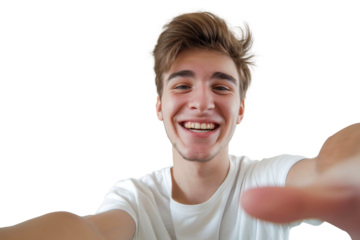 Portrait of beautiful handsome man taking selfie posing with smile and attractive focus look, isolated on transparent png background.