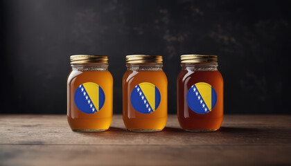 Collection of jars of different types of honey with flag Bosnia and Herzegovina. Concept export and import honey. - obrazy, fototapety, plakaty