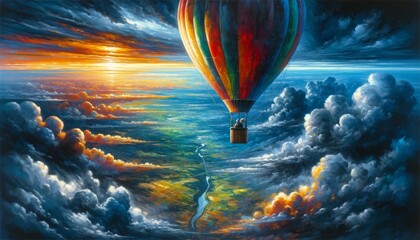 A colorful hot air balloon soars over dramatic clouds at sunset - obrazy, fototapety, plakaty
