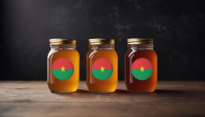 Collection of jars of different types of honey with flag Burkina Faso. Concept export and import honey. - obrazy, fototapety, plakaty