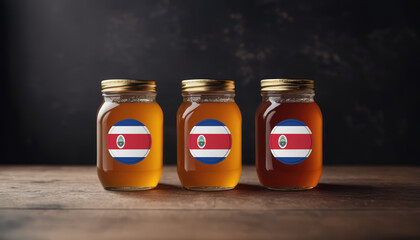 Collection of jars of different types of honey with flag Costa Rica. Concept export and import honey. - obrazy, fototapety, plakaty