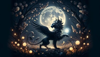 Mythical Winged Creature Emerging from Enchanted Forest Under Full Moon - obrazy, fototapety, plakaty