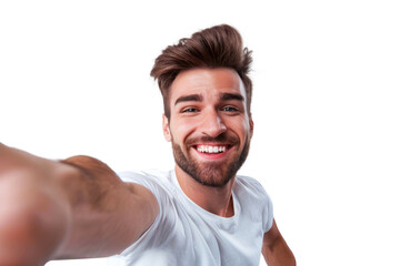 Portrait of beautiful handsome man taking selfie posing with smile and attractive focus look, isolated on transparent png background.