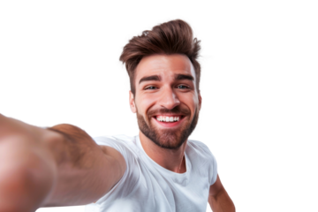 Portrait of beautiful handsome man taking selfie posing with smile and attractive focus look, isolated on transparent png background.