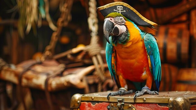 Parrot with a pirate hat standing on a treasure chest