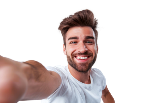 Portrait of beautiful handsome man taking selfie posing with smile and attractive focus look, isolated on transparent png background.