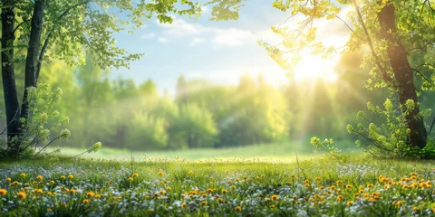  A bright sun shines on the green grass, yellow wildflowers of daisies blooming on blue sky background.A beautiful spring summer meadow .banner © Nice Seven