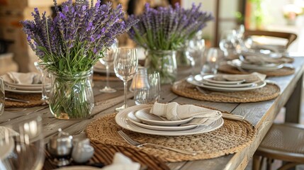 Rustic Kitchen Table Setting with Lavender and Linen