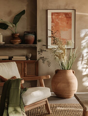 A bohoinspired living room with terracotta vases, wooden shelves filled with art and books, a white armchair, a soft green throw blanket on the chair, plants in modern vase, sunlight casting shadows,