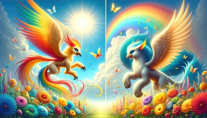 Fototapeta na wymiar Mythical Colorful Winged Creatures in Vibrant Floral Landscape with Rainbow