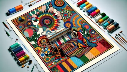 Vibrant Artistic Illustration with Colorful Patterns and Drawing Tools