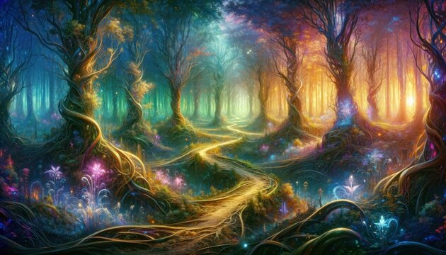 Fantasy Forest Path with Vibrant Colors and Mystical Creatures