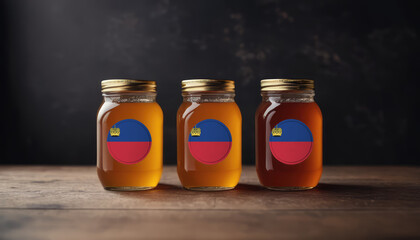 Collection of jars of different types of honey with flag Liechtenstein. Concept export and import honey. - obrazy, fototapety, plakaty