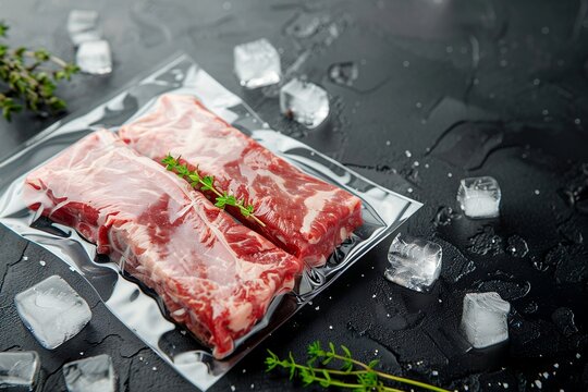 Pieces of raw meat in vacuum packaging on a black background. Culinary and frozen products concept. Close-up food shot for poster, banner, card, menu - Powered by Adobe