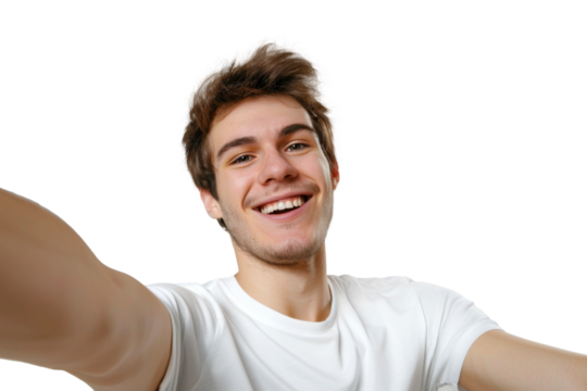 Portrait of beautiful handsome man taking selfie posing with smile and attractive focus look, isolated on transparent png background.
